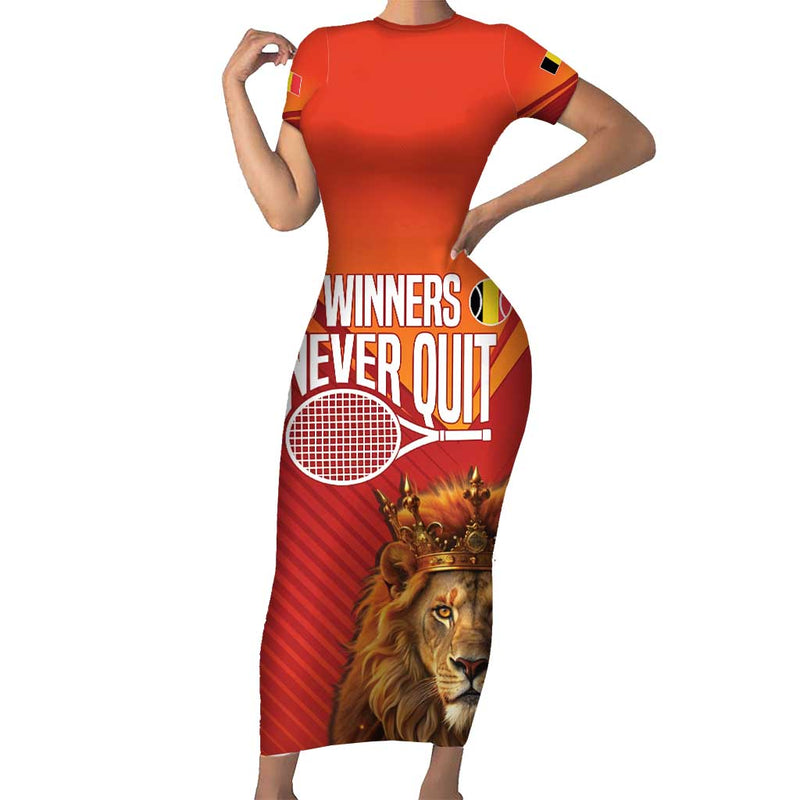 Custom Belgium Tennis Champions Winners Never Quit With A Crowned Lion Short Sleeve Bodycon Dress
