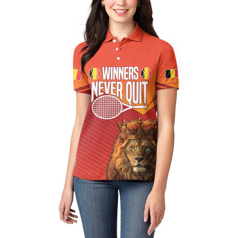 Custom Belgium Tennis Champions Winners Never Quit with A Crowned Lion Women Polo Shirt