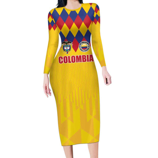 Custom Colombia Football Retro Yellow Style Long Sleeve Bodycon Dress