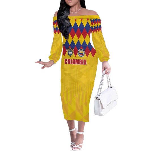 Custom Colombia Football Retro Yellow Style Off The Shoulder Long Sleeve Dress