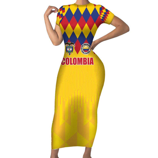 Custom Colombia Football Retro Yellow Style Short Sleeve Bodycon Dress