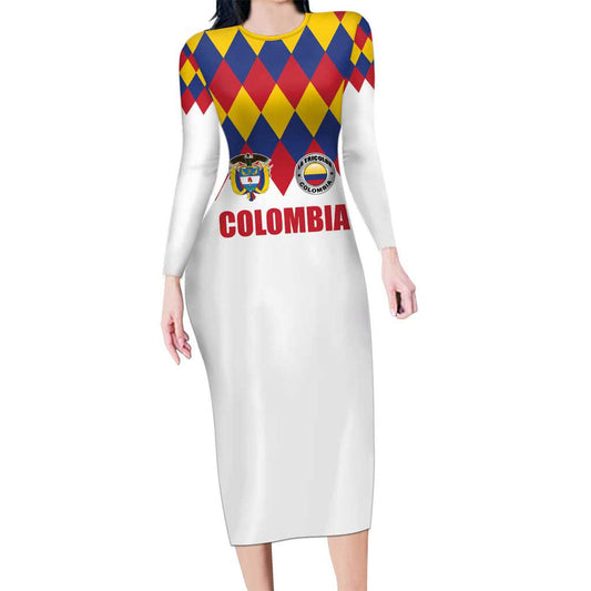Custom Colombia Football Retro White Style Long Sleeve Bodycon Dress