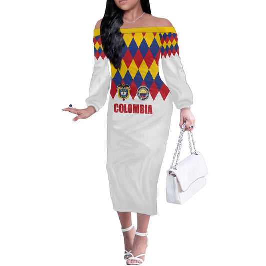 Custom Colombia Football Retro White Style Off The Shoulder Long Sleeve Dress