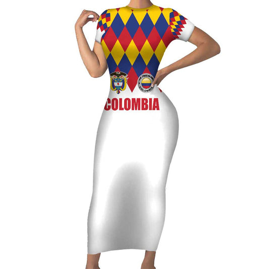 Custom Colombia Football Retro White Style Short Sleeve Bodycon Dress