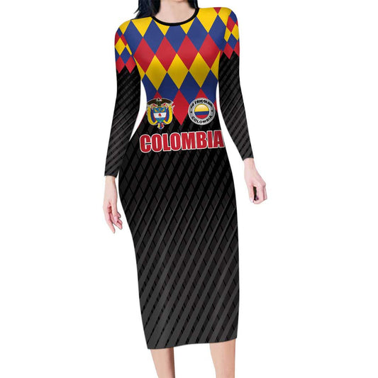 Custom Colombia Football Retro Black Style Long Sleeve Bodycon Dress