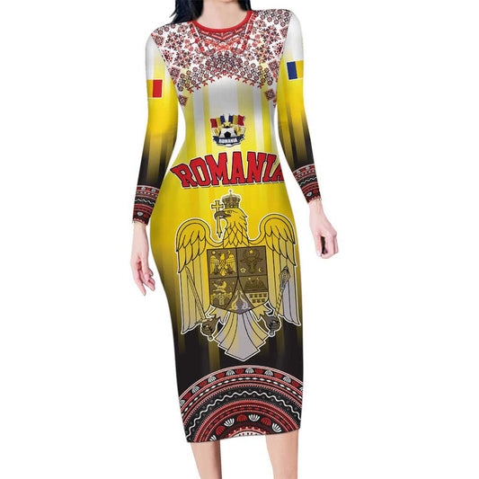 Custom Romania Football Go Champions Romanian Traditional Patern Long Sleeve Bodycon Dress