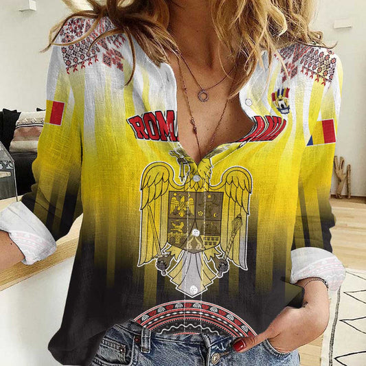 Custom Romania Football Go Champions Romanian Traditional Patern Women Casual Shirt