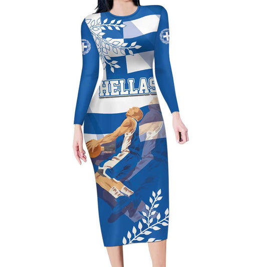 Custom Greece Basketball Sporty Style With Laurel Long Sleeve Bodycon Dress