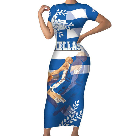 Custom Greece Basketball Sporty Style With Laurel Short Sleeve Bodycon Dress