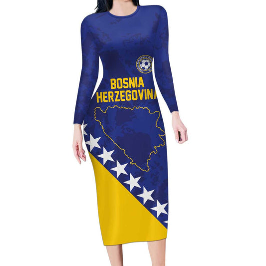 Custom Bosnia And Herzegovina Football Go Champion Sporty Style Long Sleeve Bodycon Dress