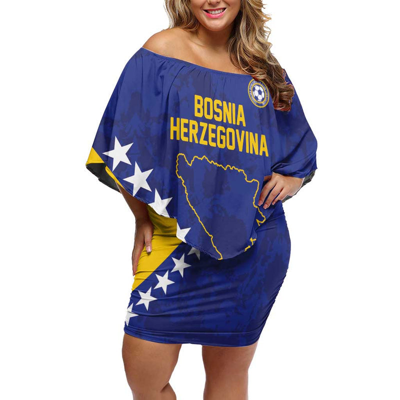 Custom Bosnia And Herzegovina Football Go Champion Sporty Style Off Shoulder Short Dress