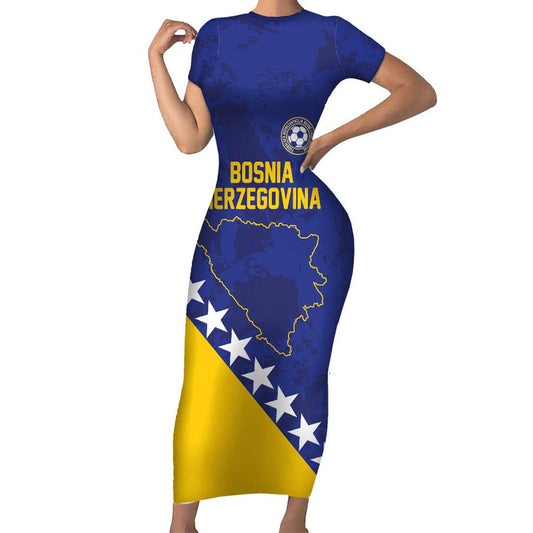Custom Bosnia And Herzegovina Football Go Champion Sporty Style Short Sleeve Bodycon Dress