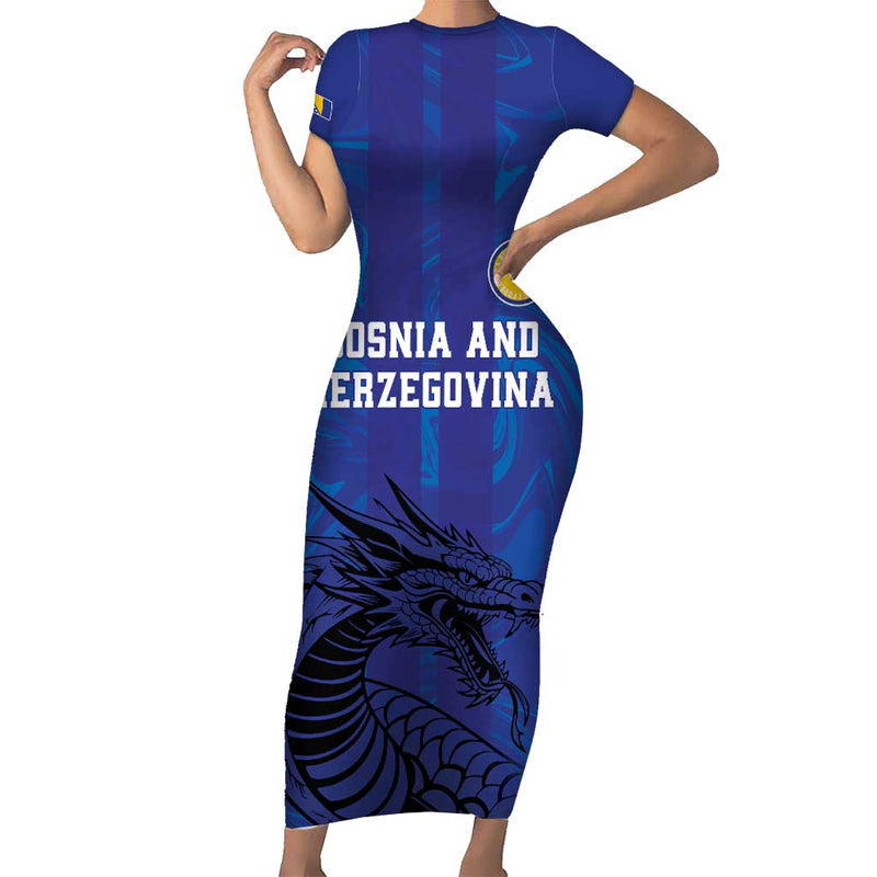 Custom Bosnia And Herzegovina Football The Dragons Go Champions Short Sleeve Bodycon Dress