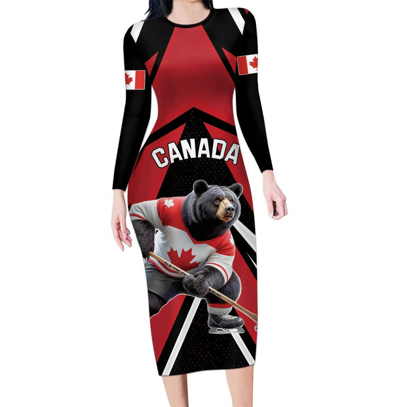Custom Canada Hockey Black Bear Playing Ice Hockey Long Sleeve Bodycon Dress