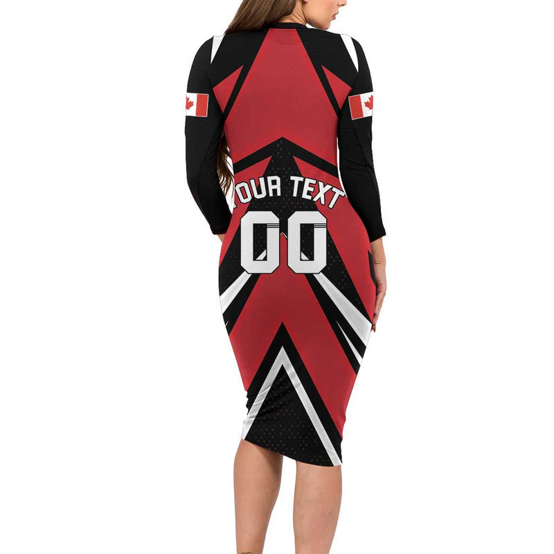 Custom Canada Hockey Black Bear Playing Ice Hockey Long Sleeve Bodycon Dress