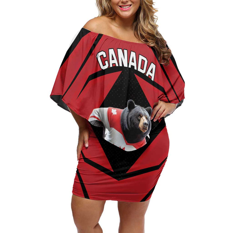 Custom Canada Hockey Black Bear Playing Ice Hockey Off Shoulder Short Dress