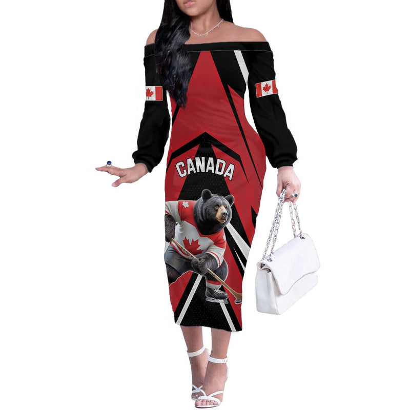 Custom Canada Hockey Black Bear Playing Ice Hockey Off The Shoulder Long Sleeve Dress