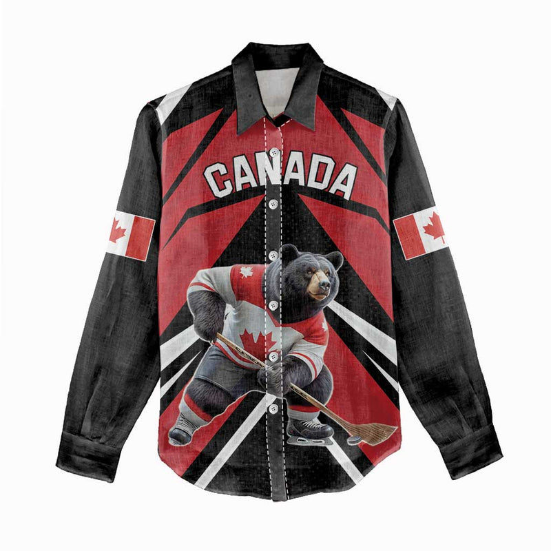 Custom Canada Hockey Black Bear Playing Ice Hockey Women Casual Shirt