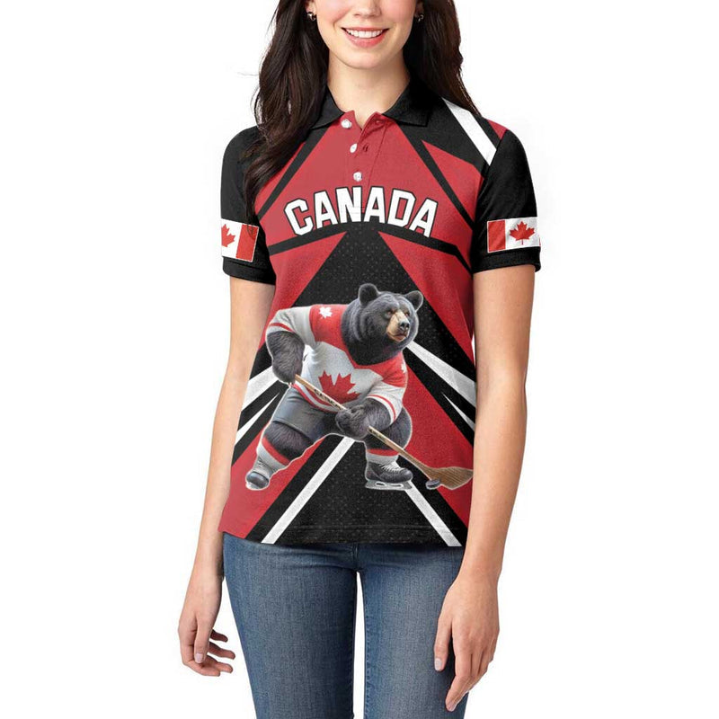 Custom Canada Hockey Black Bear Playing Ice Hockey Women Polo Shirt