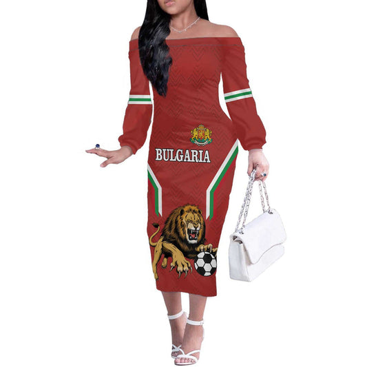 Custom Bulgaria Football The Lions Come Champions Red Version Off The Shoulder Long Sleeve Dress