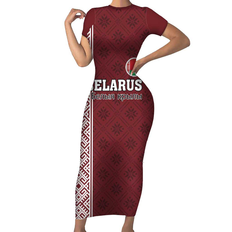 Custom Belarus Football The White Wings Red Version Short Sleeve Bodycon Dress