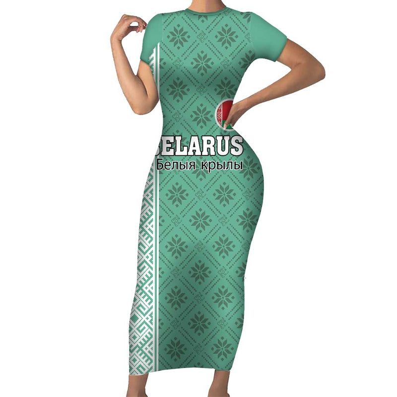 Custom Belarus Football The White Wings Green Version Short Sleeve Bodycon Dress