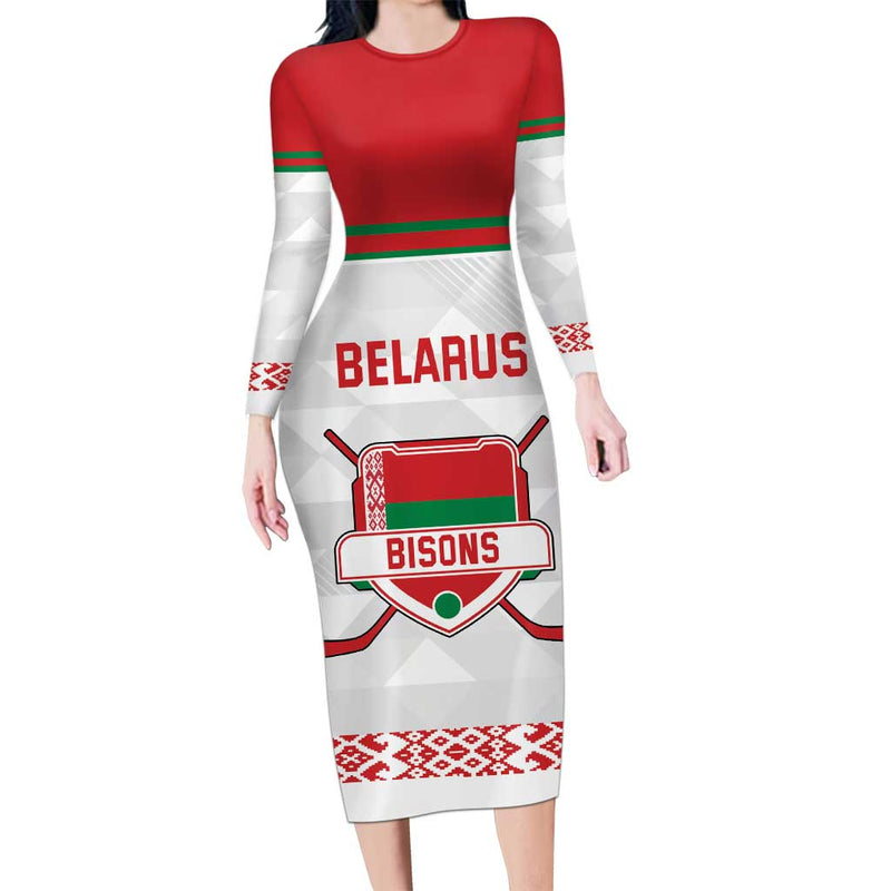 Custom Belarus Ice Hockey 2025 Go Bisons White Version Long Sleeve Bodycon Dress