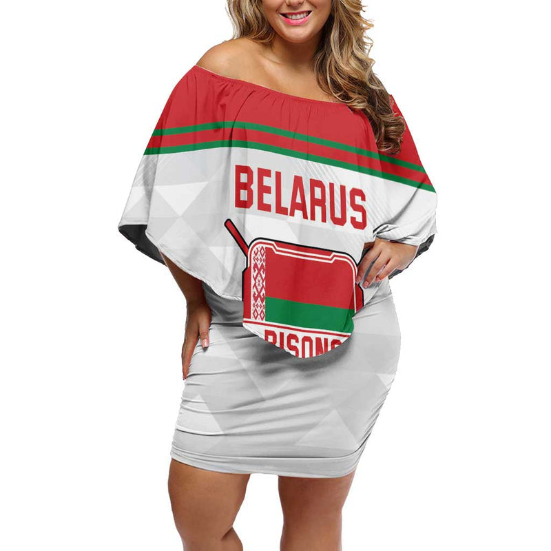 Custom Belarus Ice Hockey 2025 Go Bisons White Version Off Shoulder Short Dress