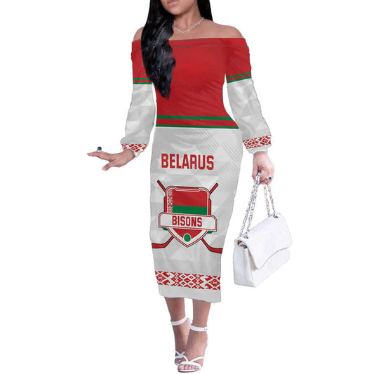 Custom Belarus Ice Hockey 2025 Go Bisons White Version Off The Shoulder Long Sleeve Dress