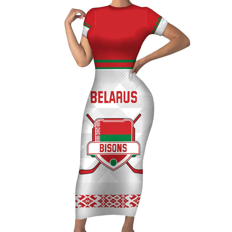 Custom Belarus Ice Hockey 2025 Go Bisons White Version Short Sleeve Bodycon Dress