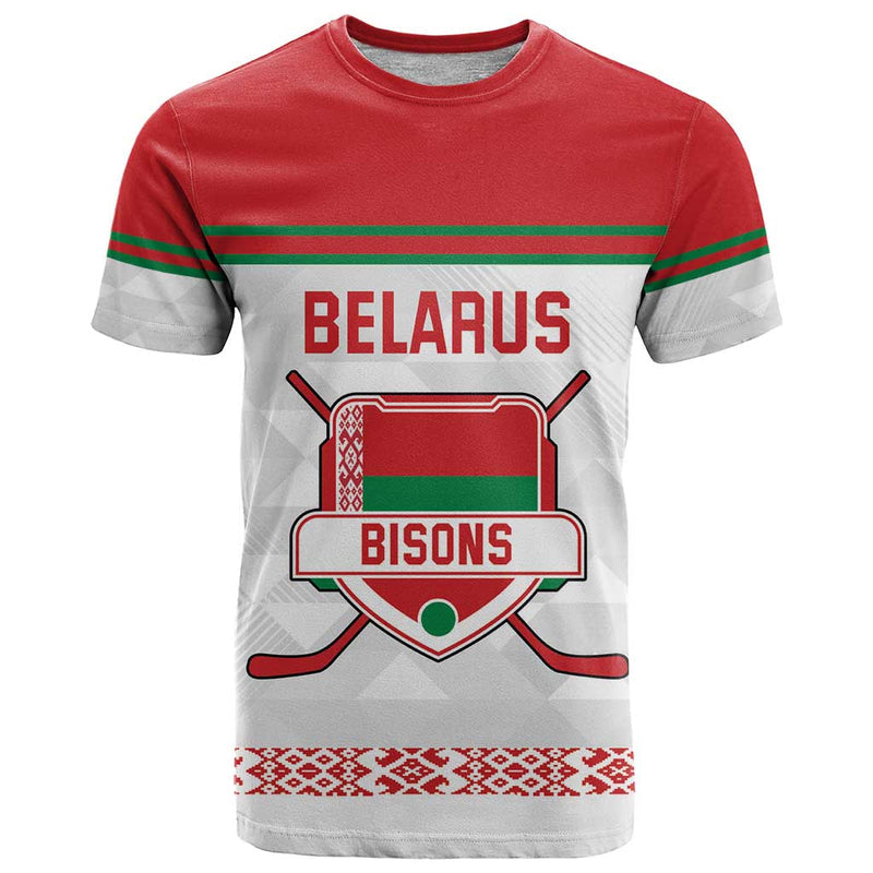 Custom Belarus Ice Hockey 2025 Go Bisons White Version T Shirt