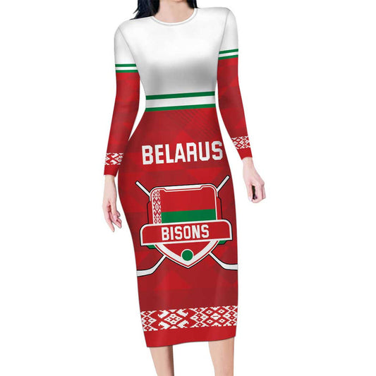 Custom Belarus Ice Hockey 2025 Go Bisons Red Version Long Sleeve Bodycon Dress