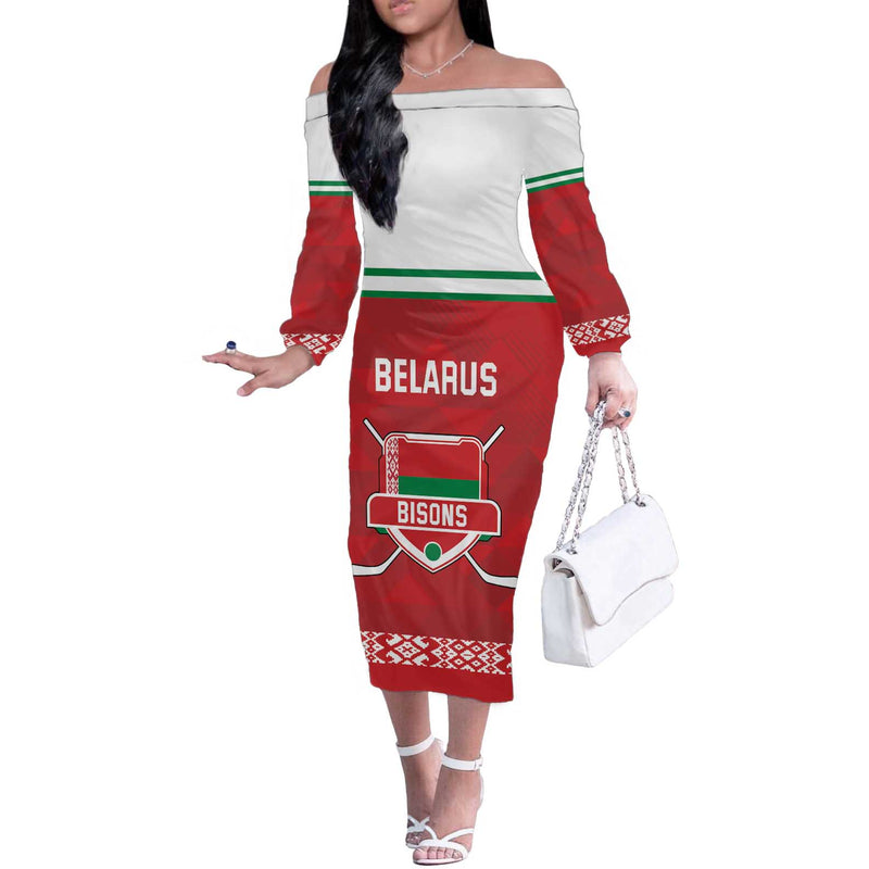 Custom Belarus Ice Hockey 2025 Go Bisons Red Version Off The Shoulder Long Sleeve Dress