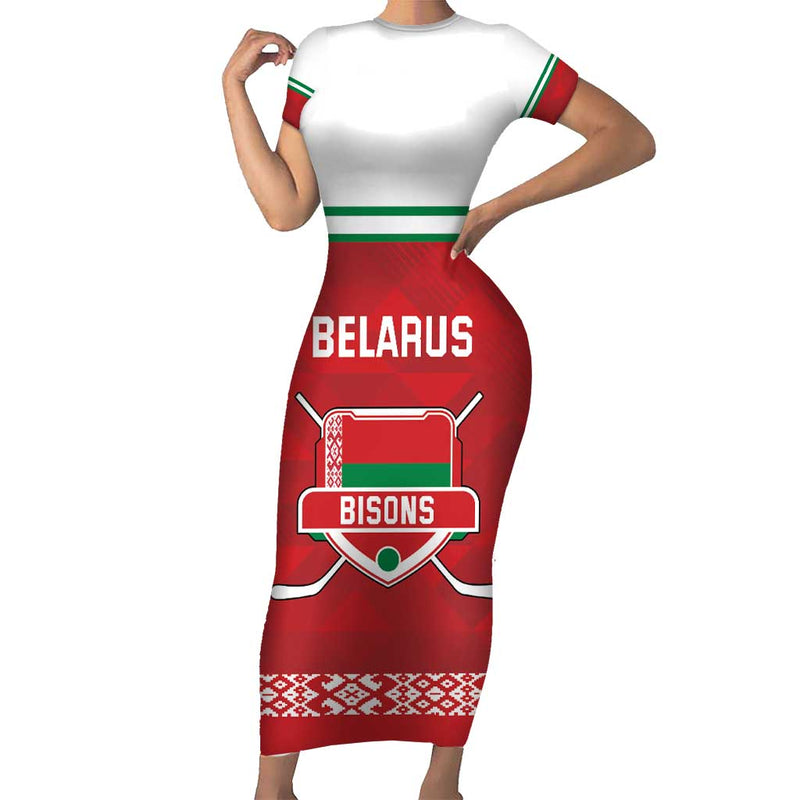 Custom Belarus Ice Hockey 2025 Go Bisons Red Version Short Sleeve Bodycon Dress