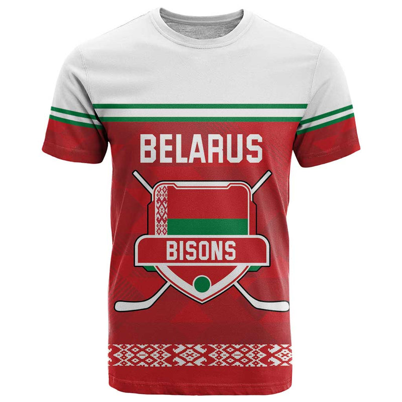 Custom Belarus Ice Hockey 2025 Go Bisons Red Version T Shirt