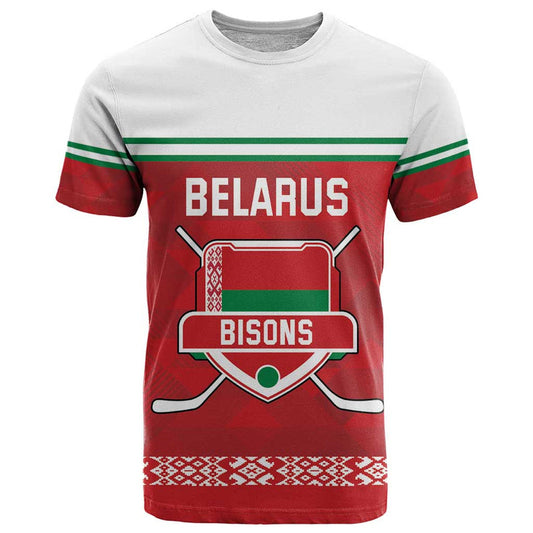 Custom Belarus Ice Hockey 2025 Go Bisons Red Version T Shirt