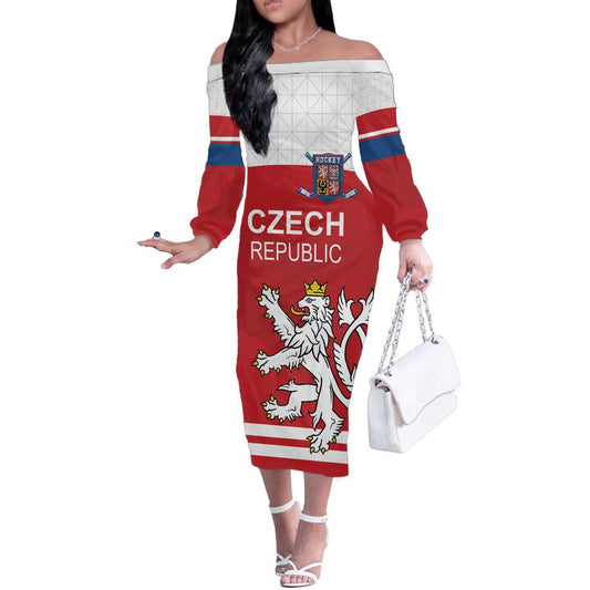 Custom Czech Republic Hockey Czech Lion Off The Shoulder Long Sleeve Dress