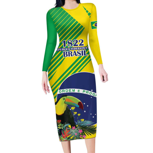 Custom Brazil Independence Day Toco Toucan Ordem E Progresso Long Sleeve Bodycon Dress