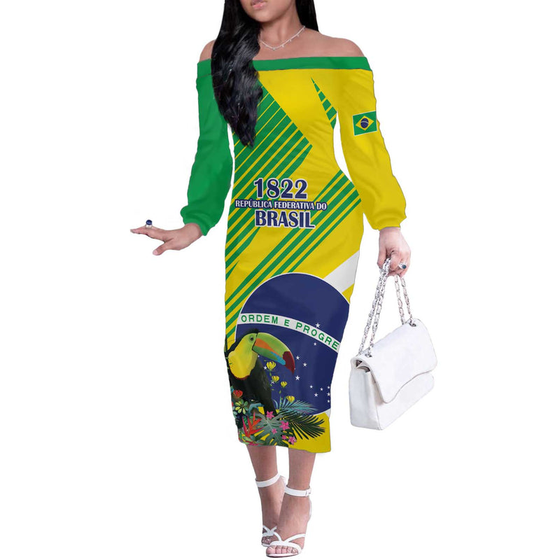 Custom Brazil Independence Day Toco Toucan Ordem E Progresso Off The Shoulder Long Sleeve Dress