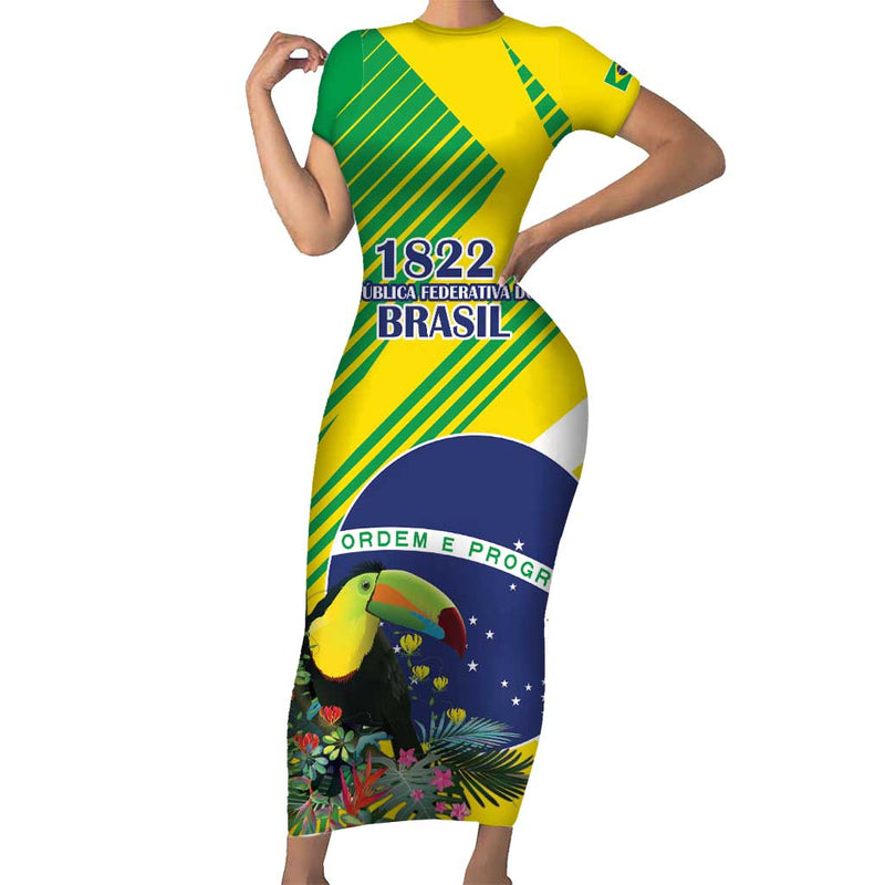 Custom Brazil Independence Day Toco Toucan Ordem E Progresso Short Sleeve Bodycon Dress