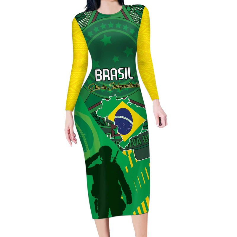 Custom Brazil Happy Independence Day Cristo Redentor Flag Style Long Sleeve Bodycon Dress