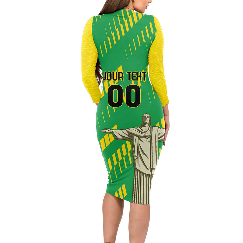 Custom Brazil Happy Independence Day Cristo Redentor Flag Style Long Sleeve Bodycon Dress