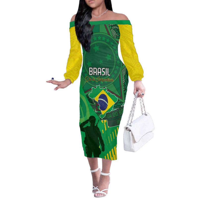 Custom Brazil Happy Independence Day Cristo Redentor Flag Style Off The Shoulder Long Sleeve Dress