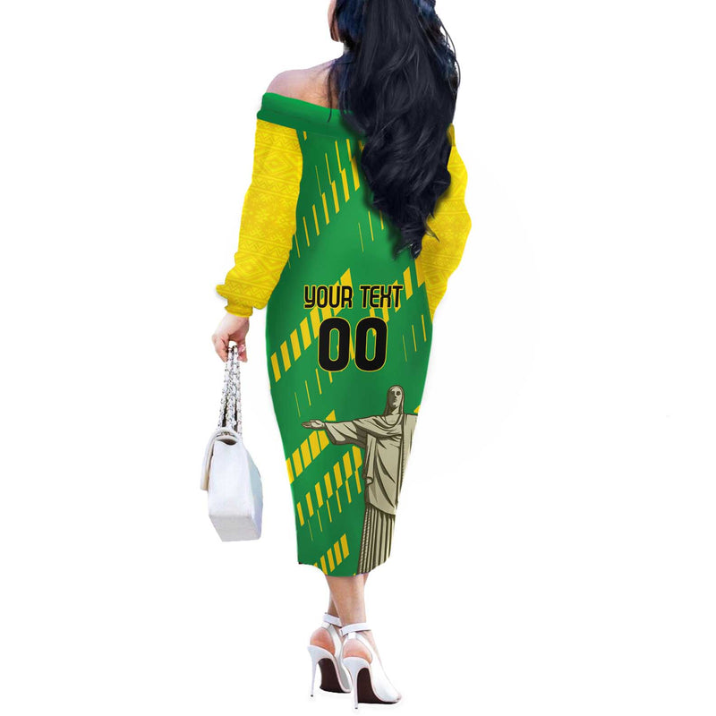 Custom Brazil Happy Independence Day Cristo Redentor Flag Style Off The Shoulder Long Sleeve Dress