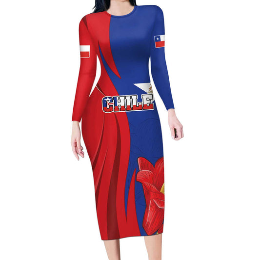 Custom Chile Independence Day Lapageria Flower With Coat Of Arms Long Sleeve Bodycon Dress