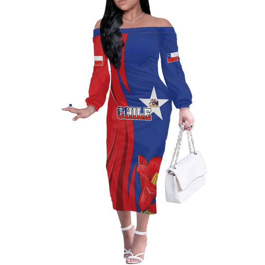 Custom Chile Independence Day Lapageria Flower With Coat Of Arms Off The Shoulder Long Sleeve Dress