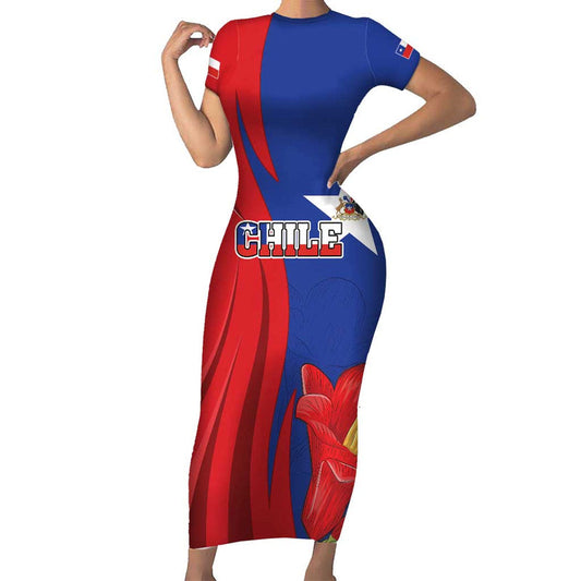 Custom Chile Independence Day Lapageria Flower With Coat Of Arms Short Sleeve Bodycon Dress