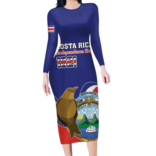 Custom Costa Rica Independence Day Turdus Grayi Bird With Coat Of Arms Long Sleeve Bodycon Dress