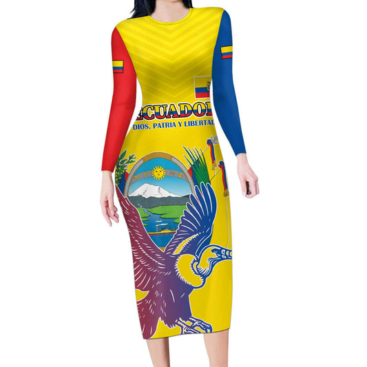 Custom Ecuador Independence Day Andean Condor With Coat Of Arms Long Sleeve Bodycon Dress