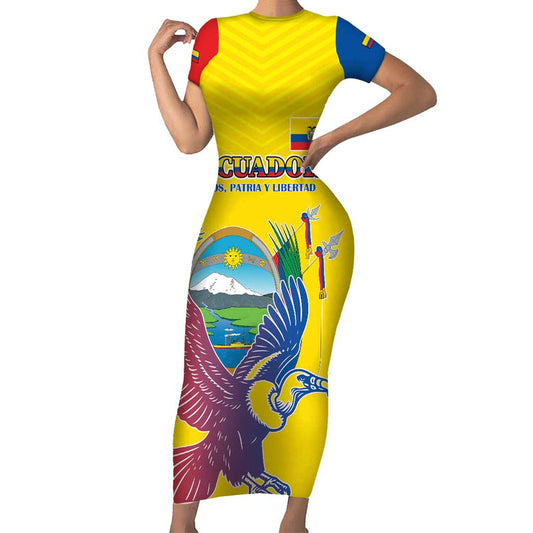 Custom Ecuador Independence Day Andean Condor With Coat Of Arms Short Sleeve Bodycon Dress